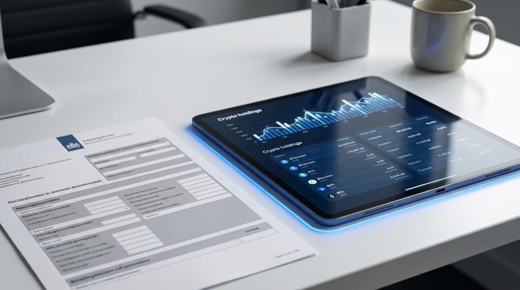 Belastingformulier naast een laptop met crypto koersen, illustratie van aangifte in Nederland