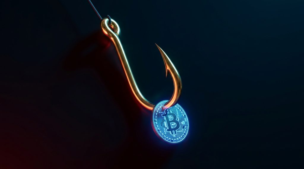 Gouden vishaak op een donkere achtergrond als symbool voor de verleiding van crypto fraude