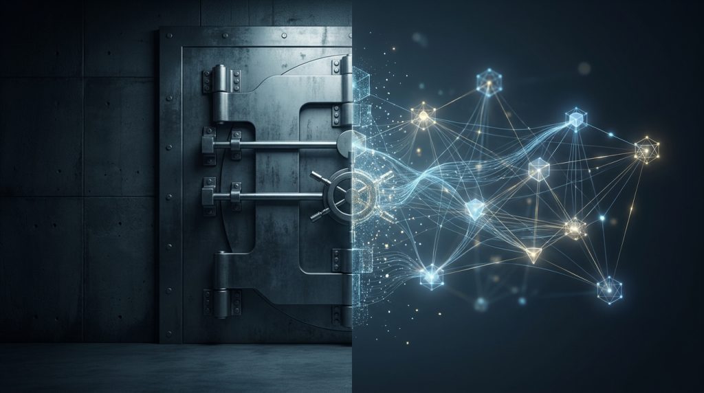 Blockchain netwerk met gedistribueerde nodes tegenover een gecentraliseerd banksysteem