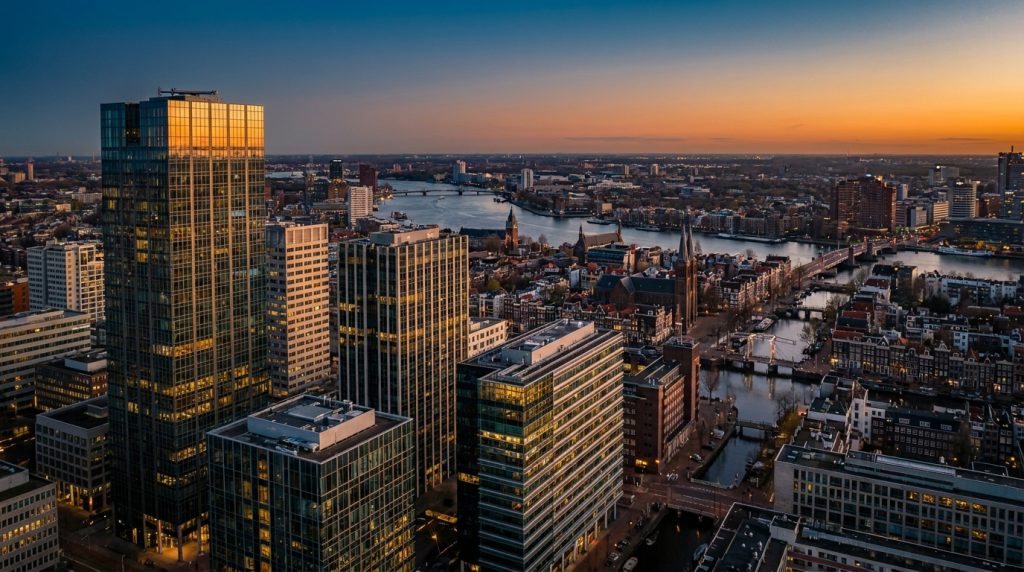 Wat is de AEX — Amsterdam Zuidas financieel district bij zonsondergang
