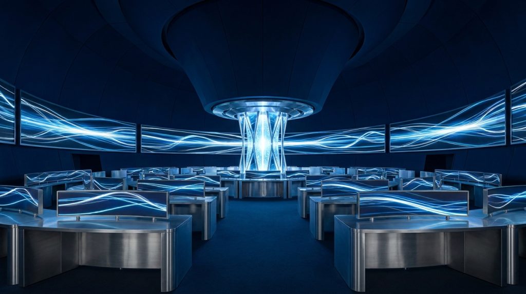 Hoe werkt een crypto exchange — trading floor met convergerende datastromen